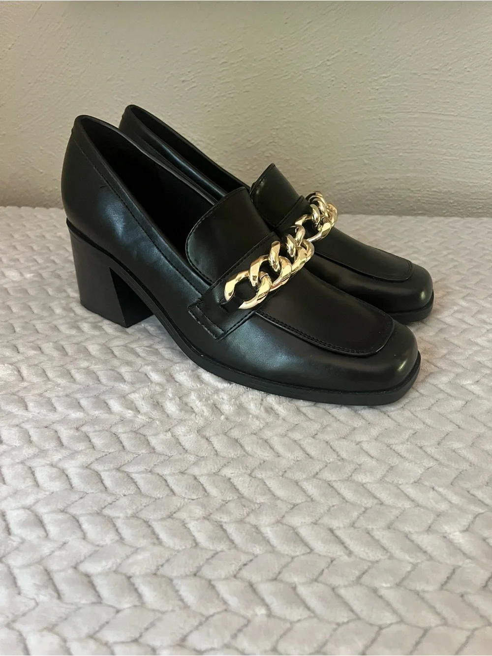 Nine West Black Leather Block Heel Loafers with Gold Chain Accent